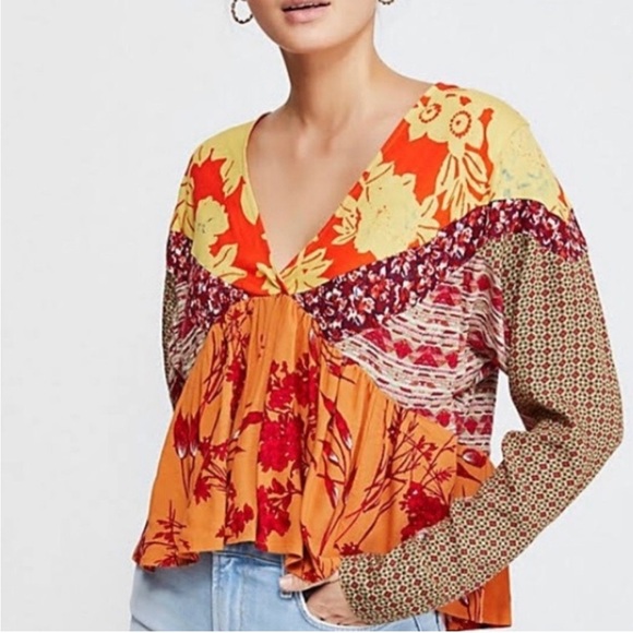 Free People Aloha State of Mind Patchwork Top Flower Detail Drapey Orange Yellow - Picture 1 of 14